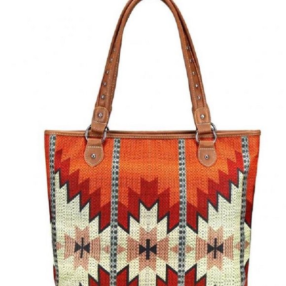 Large Leather Trim Aztec  Design Canvas Tote Bag - Picture 1 of 4